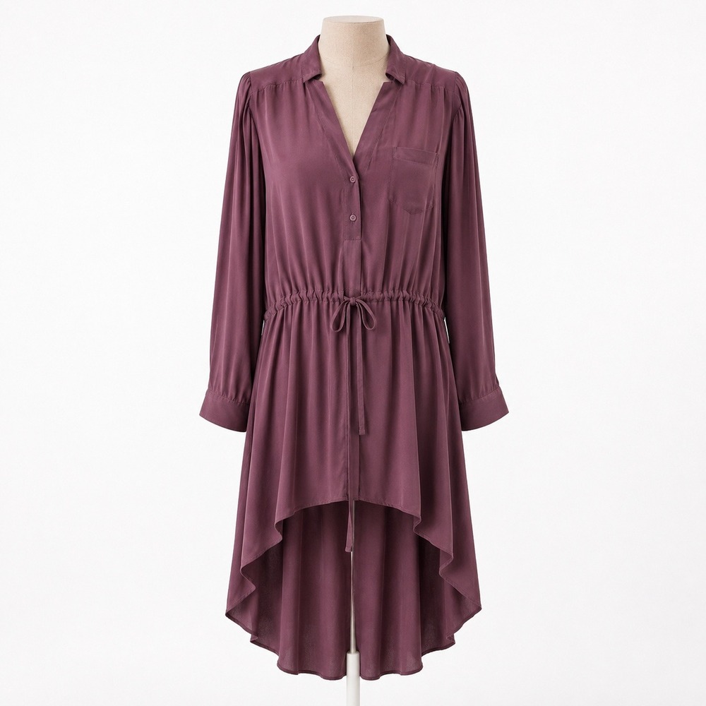 100% Silk Long Sleeve Maxi Dress Size 4 Burgundy 90s Minimalist Staple Button